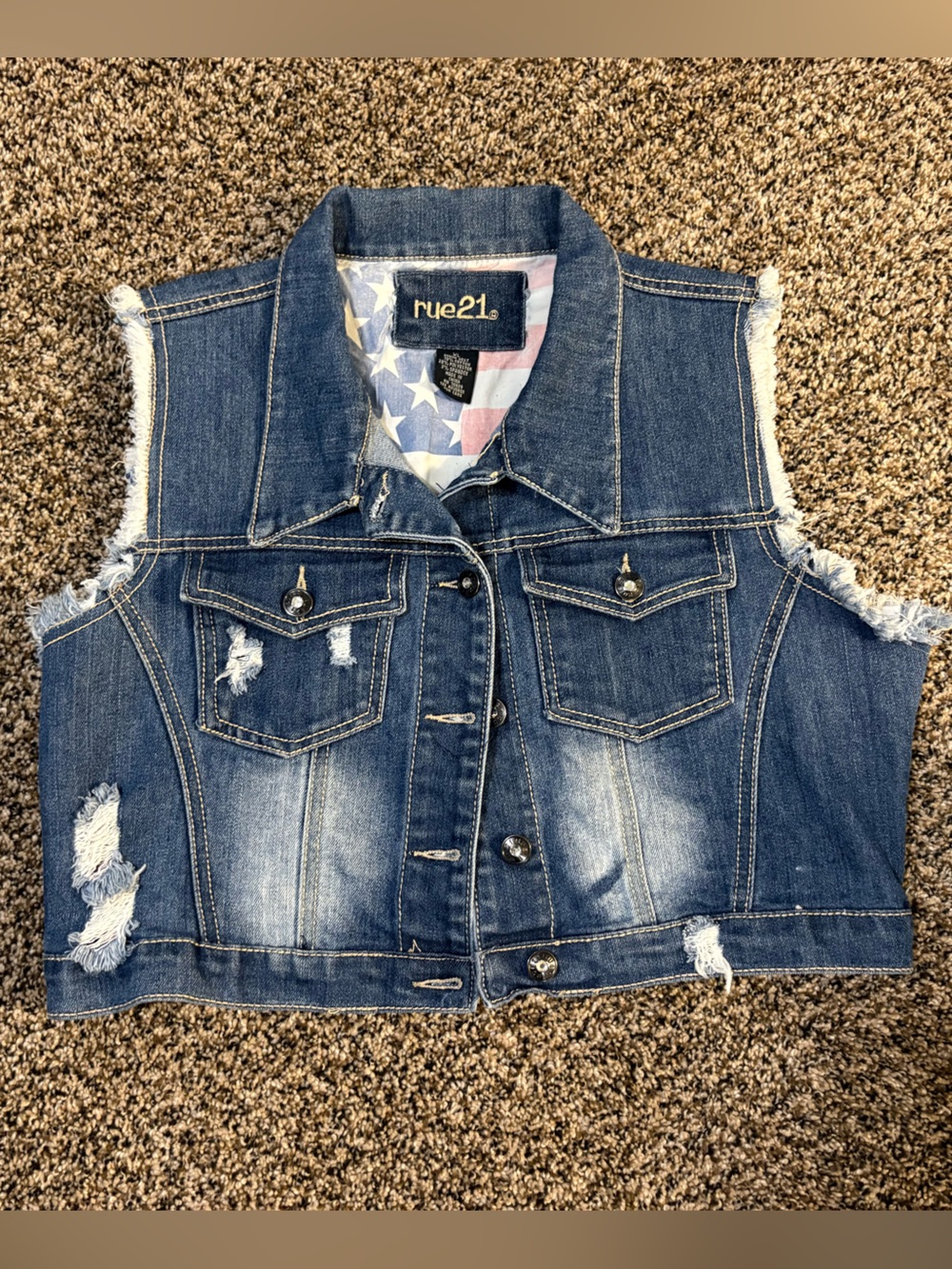 Rue21 Distressed Dark Blue Denim Vest with Flag Lining